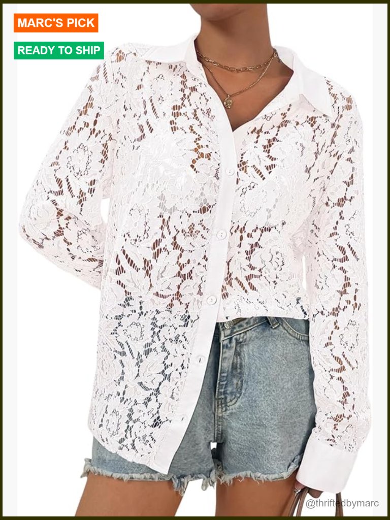 Womens Lace Long Sleeve Blouse Sheer Floral Top Button Down Shirt